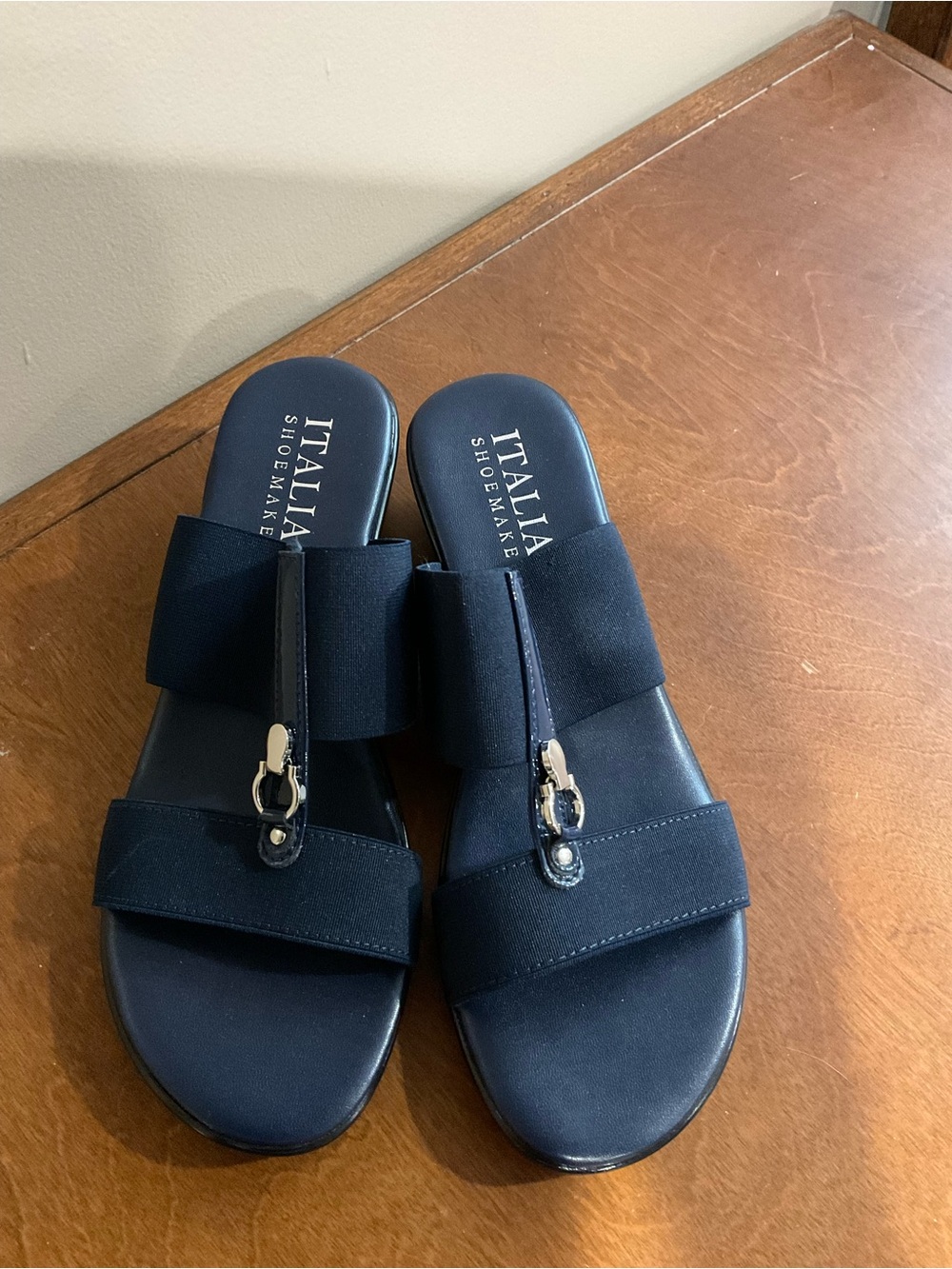 Italian Shoemakers Navy Slide Sandals with Stretch Straps and Silver Bit
